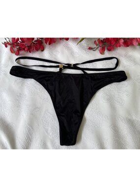 VICTORIA'S SECRET L BLACK VERY SEXY CUT OUT STRING THONG STRAPPY SILKY PANTIES